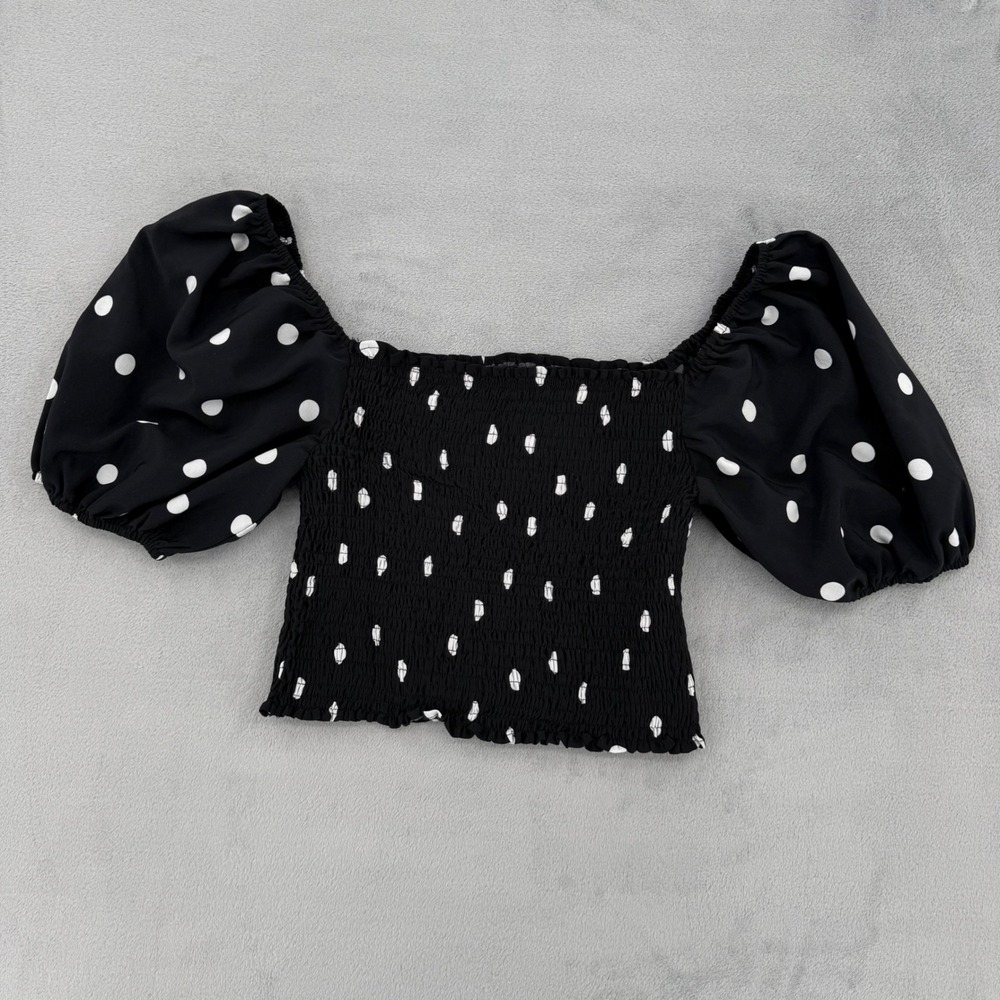 Rooscier Polka Dot Smocked Crop Top  Puff Sleeve Square Neck Women's XL